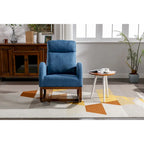 Mecedora tapizada azul 27 con patas de madera y práctico bolsillo lateral