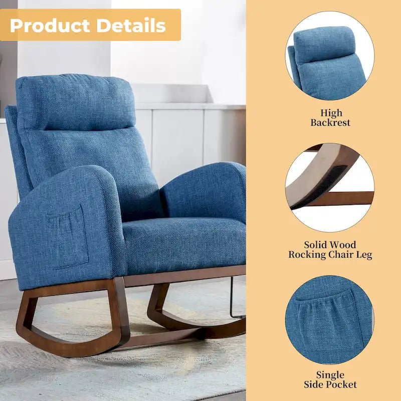Mecedora tapizada azul 27 con patas de madera y práctico bolsillo lateral