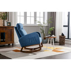 Mecedora tapizada azul 27 con patas de madera y práctico bolsillo lateral