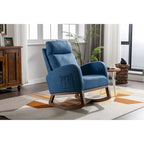 Mecedora tapizada azul 27 con patas de madera y práctico bolsillo lateral