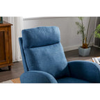 Mecedora tapizada azul 27 con patas de madera y práctico bolsillo lateral