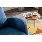 Mecedora tapizada azul 27 con patas de madera y práctico bolsillo lateral