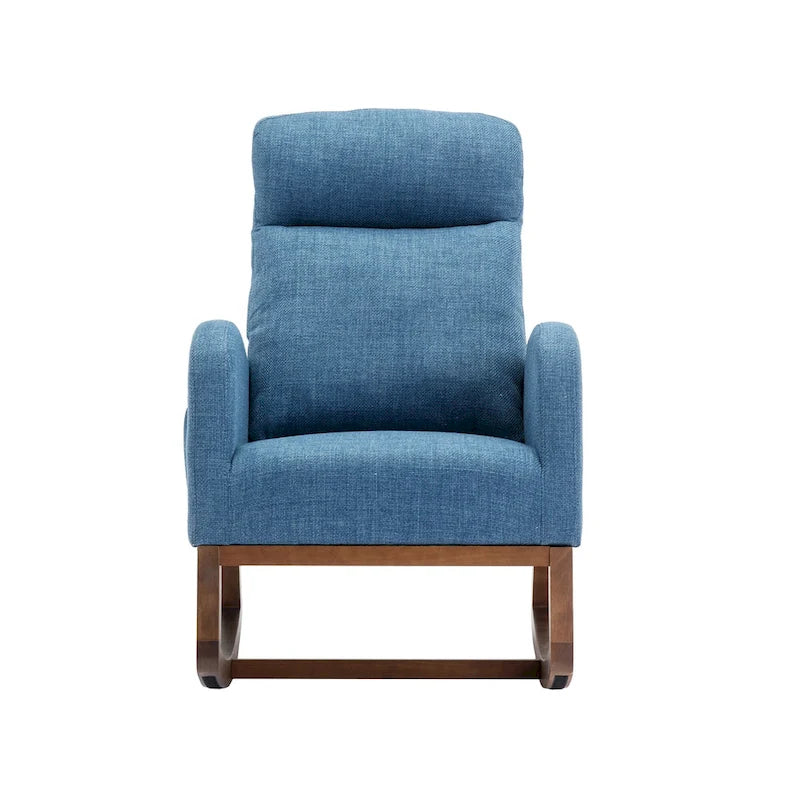 Mecedora tapizada azul 27 con patas de madera y práctico bolsillo lateral
