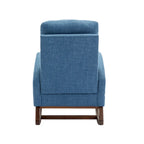 Mecedora tapizada azul 27 con patas de madera y práctico bolsillo lateral