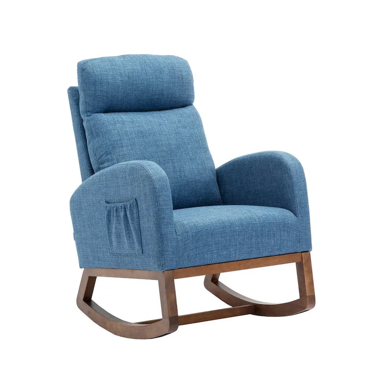 Mecedora tapizada azul 27 con patas de madera y práctico bolsillo lateral