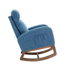 Mecedora tapizada azul 27 con patas de madera y práctico bolsillo lateral