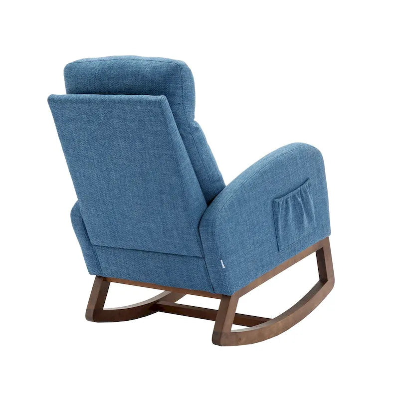 Mecedora tapizada azul 27 con patas de madera y práctico bolsillo lateral
