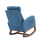 Mecedora tapizada azul 27 con patas de madera y práctico bolsillo lateral