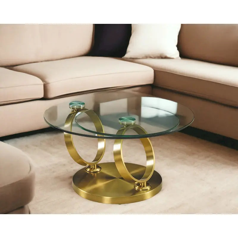 32 Mesa de centro redonda abstracta de cristal y metal transparente y dorado - 31.5' X '17' X '31.5