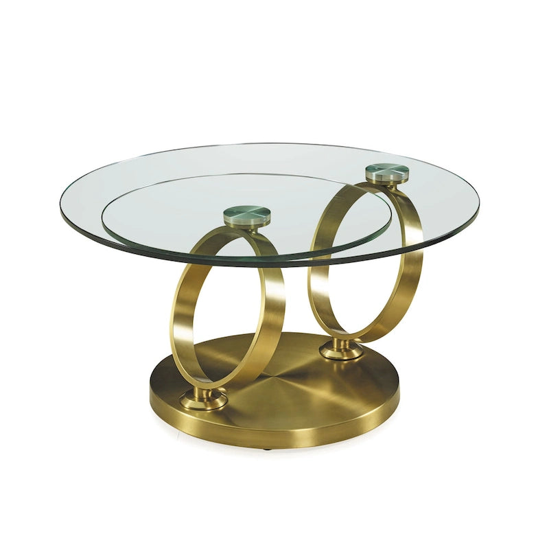 32 Mesa de centro redonda abstracta de cristal y metal transparente y dorado - 31.5' X '17' X '31.5