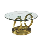 32 Mesa de centro redonda abstracta de cristal y metal transparente y dorado - 31.5' X '17' X '31.5