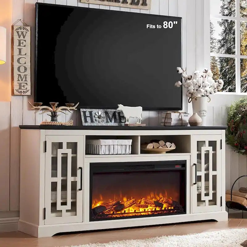 Mueble para TV de 80 pulgadas estilo casa de campo con chimenea, centro de entretenimiento
