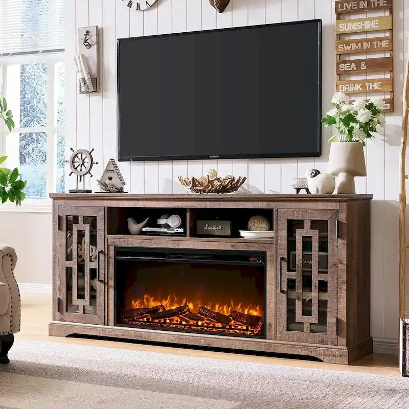 Mueble para TV de 80 pulgadas estilo casa de campo con chimenea, centro de entretenimiento