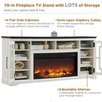 Mueble para TV de 80 pulgadas estilo casa de campo con chimenea, centro de entretenimiento