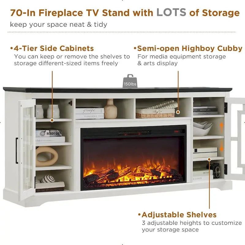 Mueble para TV de 80 pulgadas estilo casa de campo con chimenea, centro de entretenimiento