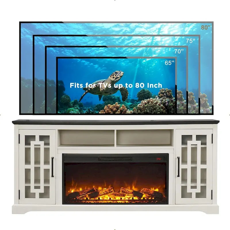 Mueble para TV de 80 pulgadas estilo casa de campo con chimenea, centro de entretenimiento