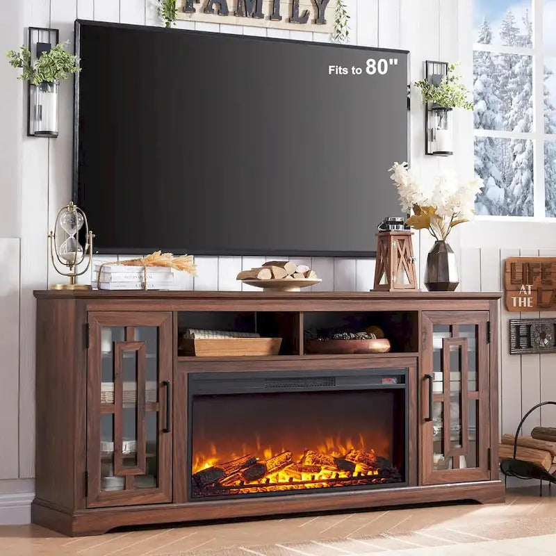 Mueble para TV de 80 pulgadas estilo casa de campo con chimenea, centro de entretenimiento