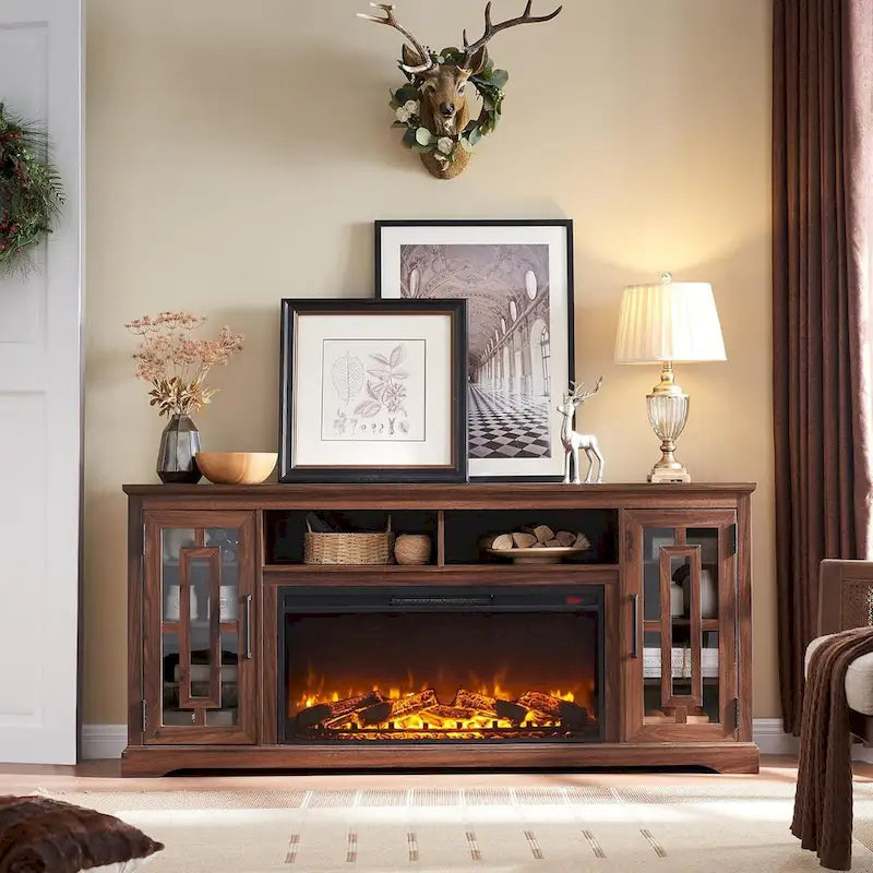 Mueble para TV de 80 pulgadas estilo casa de campo con chimenea, centro de entretenimiento