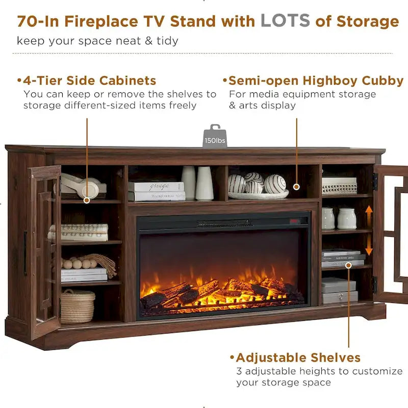 Mueble para TV de 80 pulgadas estilo casa de campo con chimenea, centro de entretenimiento