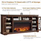 Mueble para TV de 80 pulgadas estilo casa de campo con chimenea, centro de entretenimiento