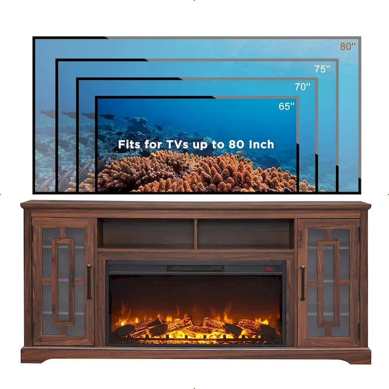 Mueble para TV de 80 pulgadas estilo casa de campo con chimenea, centro de entretenimiento