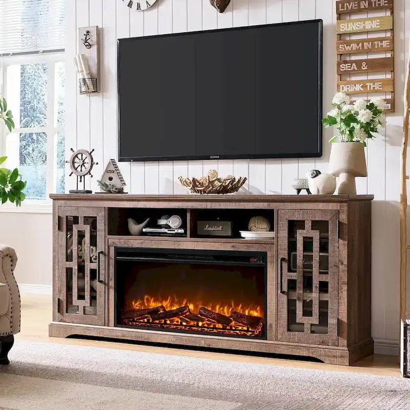 Mueble para TV de 80 pulgadas estilo casa de campo con chimenea, centro de entretenimiento