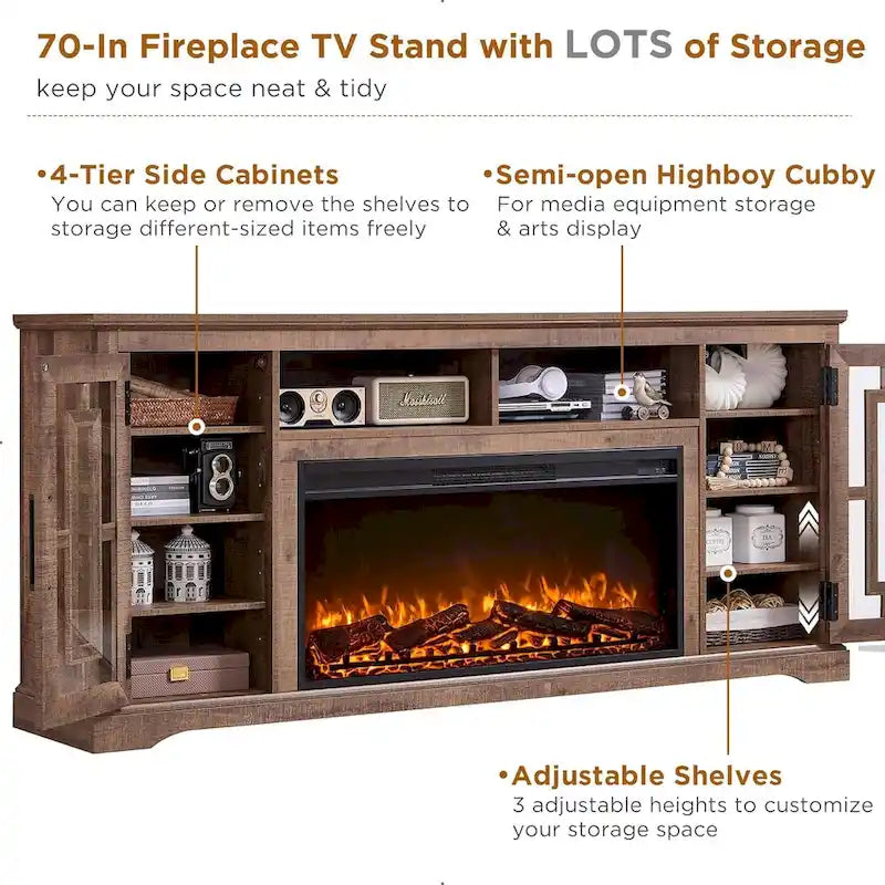 Mueble para TV de 80 pulgadas estilo casa de campo con chimenea, centro de entretenimiento
