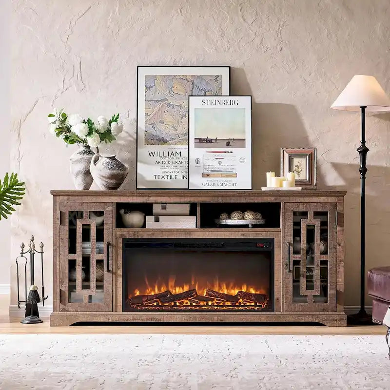Mueble para TV de 80 pulgadas estilo casa de campo con chimenea, centro de entretenimiento