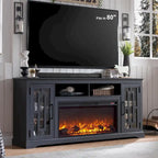 Mueble para TV de 80 pulgadas estilo casa de campo con chimenea, centro de entretenimiento