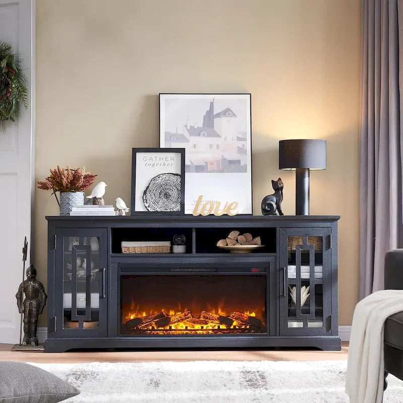 Mueble para TV de 80 pulgadas estilo casa de campo con chimenea, centro de entretenimiento