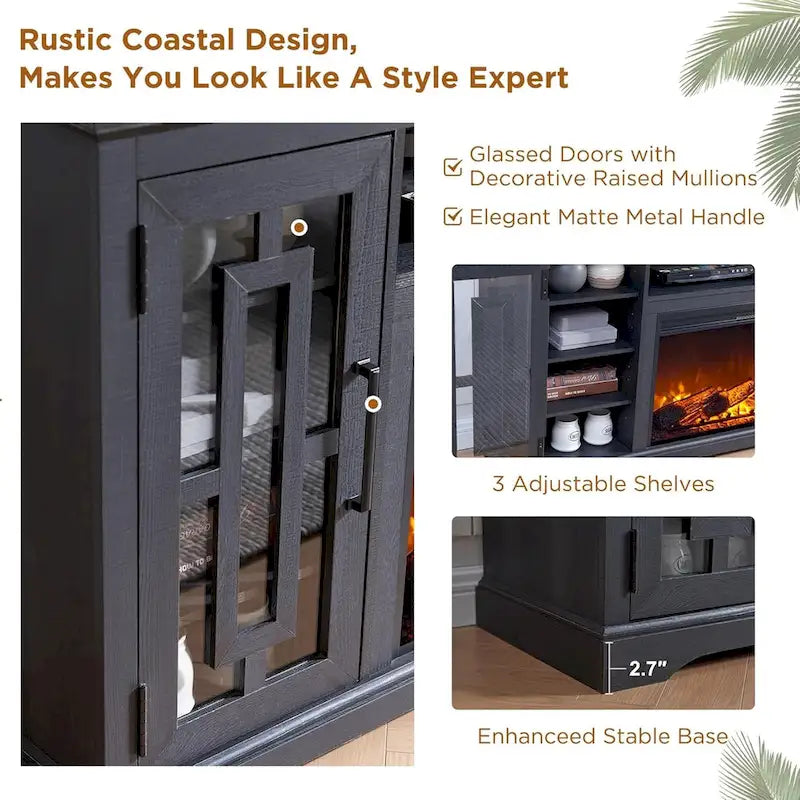 Mueble para TV de 80 pulgadas estilo casa de campo con chimenea, centro de entretenimiento