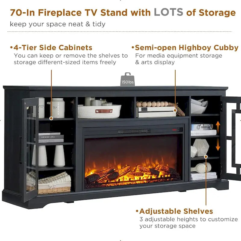 Mueble para TV de 80 pulgadas estilo casa de campo con chimenea, centro de entretenimiento