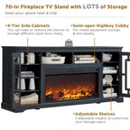 Mueble para TV de 80 pulgadas estilo casa de campo con chimenea, centro de entretenimiento