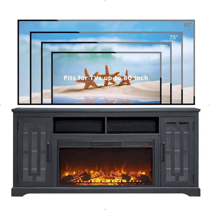 Mueble para TV de 80 pulgadas estilo casa de campo con chimenea, centro de entretenimiento