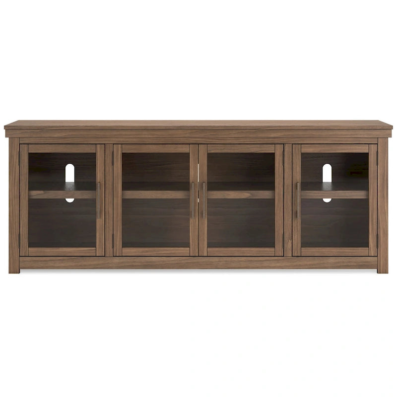 Mueble de TV, 4 puertas de cristal, estantes, madera marrón de 85 pulgadas