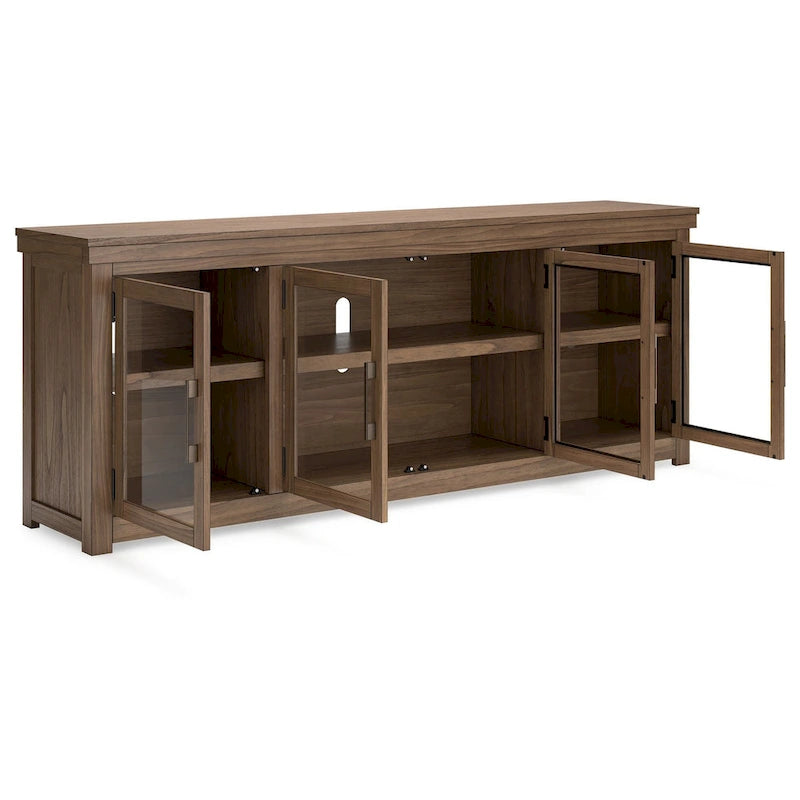 Mueble de TV, 4 puertas de cristal, estantes, madera marrón de 85 pulgadas