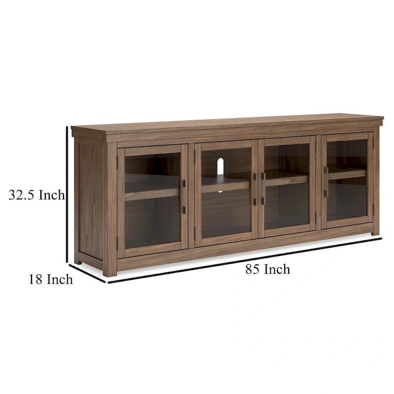 Mueble de TV, 4 puertas de cristal, estantes, madera marrón de 85 pulgadas