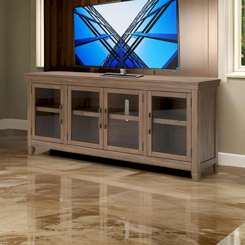 Mueble de TV, 4 puertas de cristal, estantes, madera marrón de 85 pulgadas