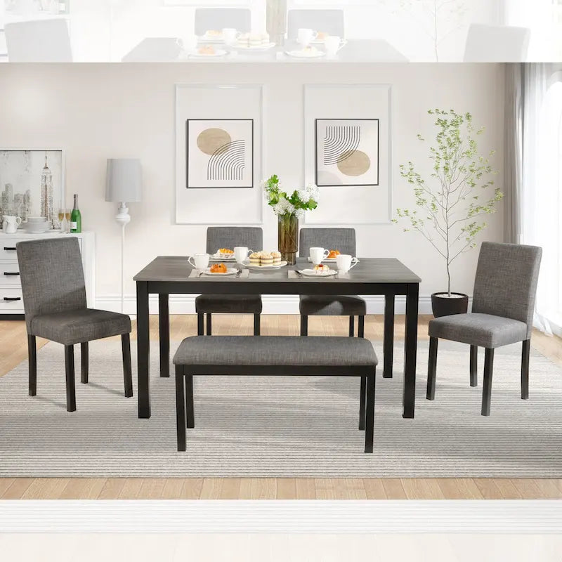 Mesa de comedor de 6 piezas, mesa de comedor de madera con mesa de comedor rectangular, banco y 4 sillas tapizadas