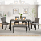 Mesa de comedor de 6 piezas, mesa de comedor de madera con mesa de comedor rectangular, banco y 4 sillas tapizadas