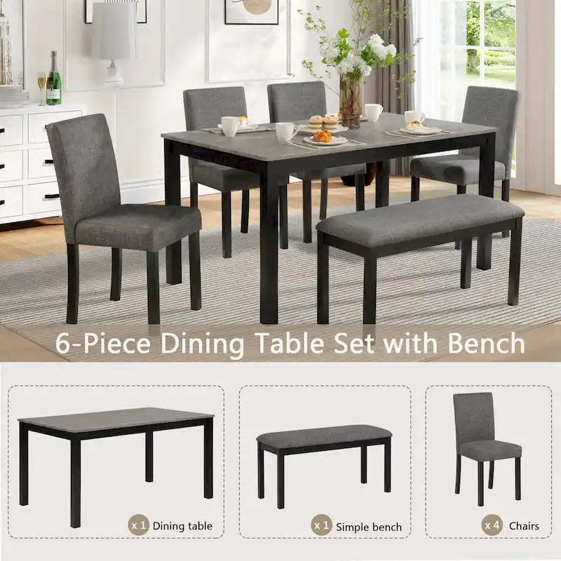 Mesa de comedor de 6 piezas, mesa de comedor de madera con mesa de comedor rectangular, banco y 4 sillas tapizadas