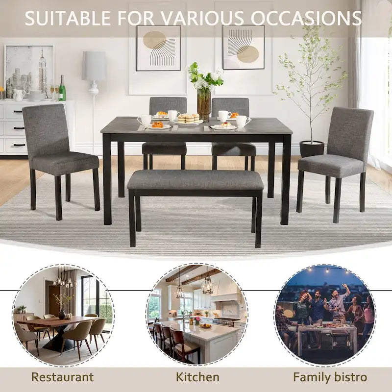 Mesa de comedor de 6 piezas, mesa de comedor de madera con mesa de comedor rectangular, banco y 4 sillas tapizadas