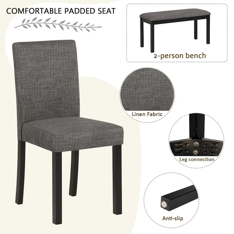 Mesa de comedor de 6 piezas, mesa de comedor de madera con mesa de comedor rectangular, banco y 4 sillas tapizadas
