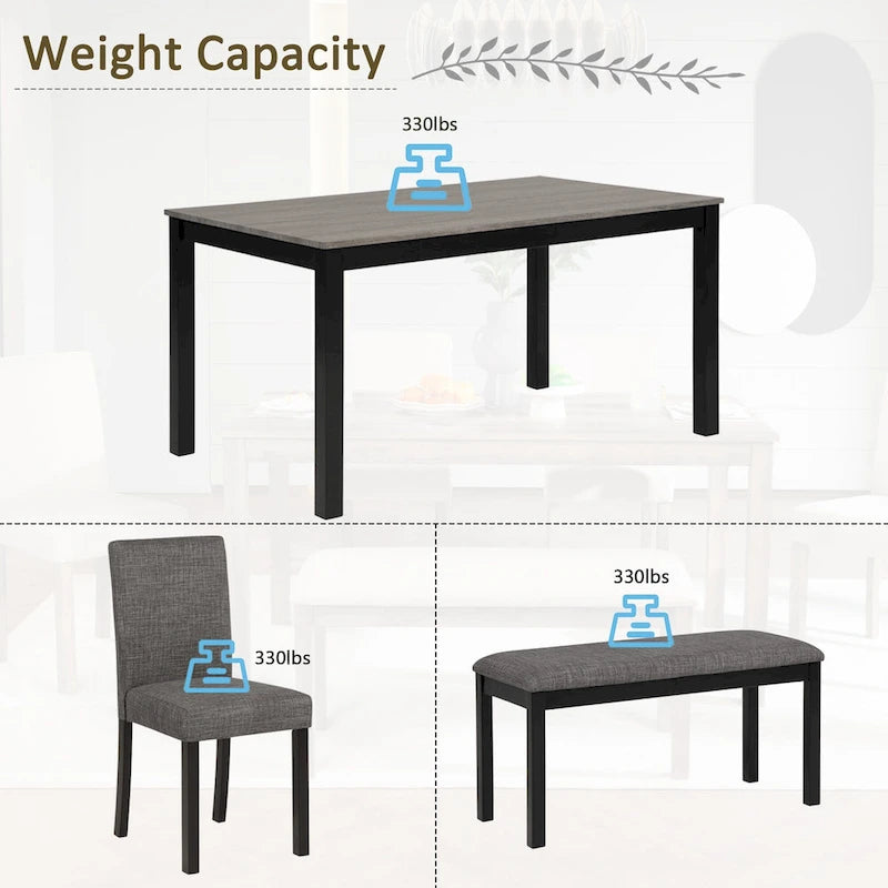 Mesa de comedor de 6 piezas, mesa de comedor de madera con mesa de comedor rectangular, banco y 4 sillas tapizadas