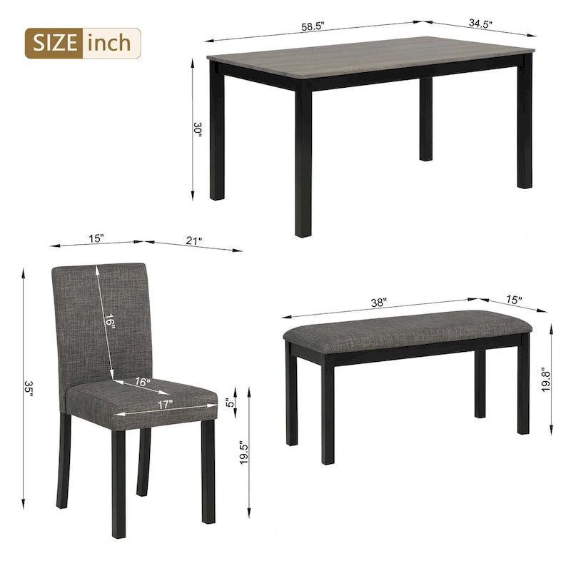 Mesa de comedor de 6 piezas, mesa de comedor de madera con mesa de comedor rectangular, banco y 4 sillas tapizadas