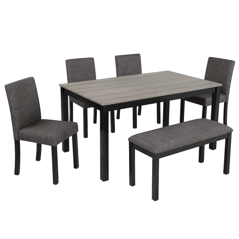 Mesa de comedor de 6 piezas, mesa de comedor de madera con mesa de comedor rectangular, banco y 4 sillas tapizadas