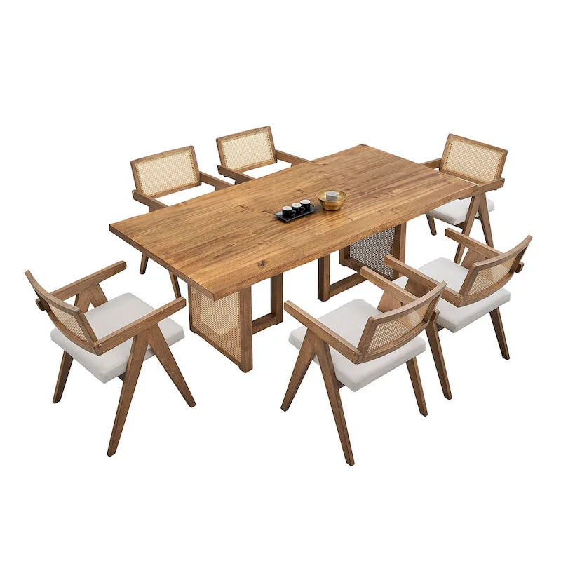 Mesa y sillas de comedor de madera de 7 piezas, mesa de cocina de ratán con mesa de comedor rectangular y 6 sillas