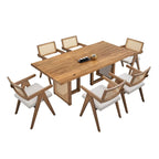 Mesa y sillas de comedor de madera de 7 piezas, mesa de cocina de ratán con mesa de comedor rectangular y 6 sillas