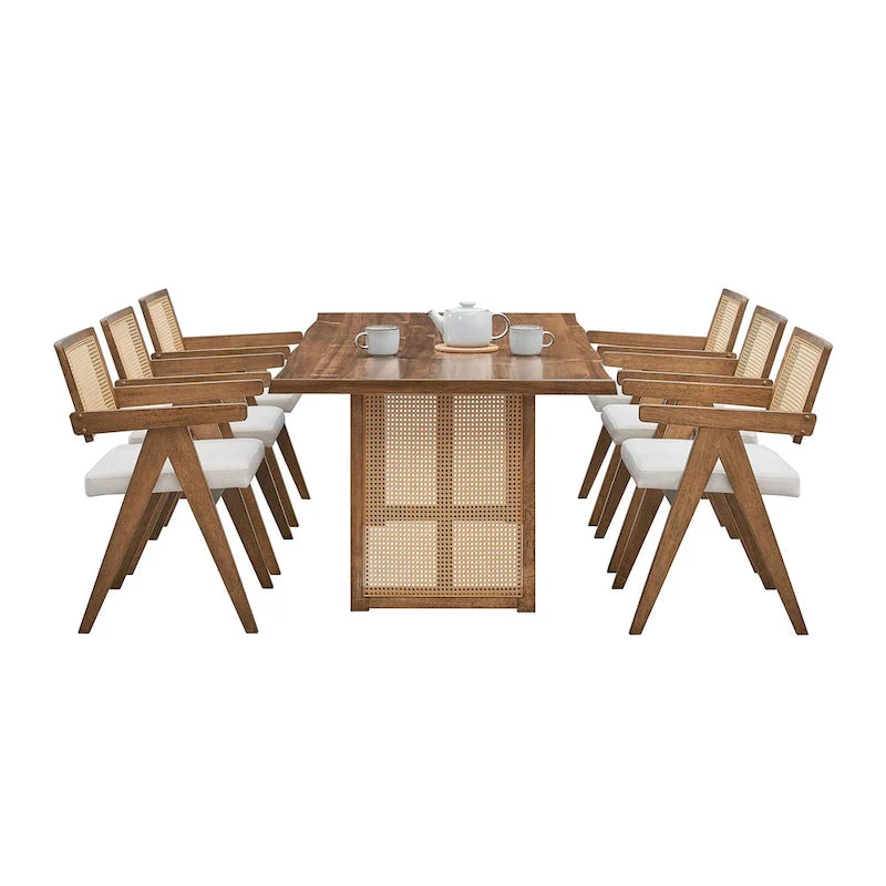 Mesa y sillas de comedor de madera de 7 piezas, mesa de cocina de ratán con mesa de comedor rectangular y 6 sillas