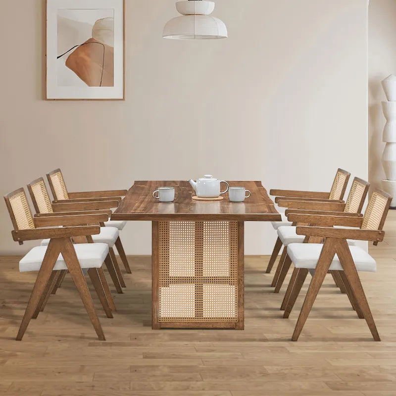 Mesa y sillas de comedor de madera de 7 piezas, mesa de cocina de ratán con mesa de comedor rectangular y 6 sillas